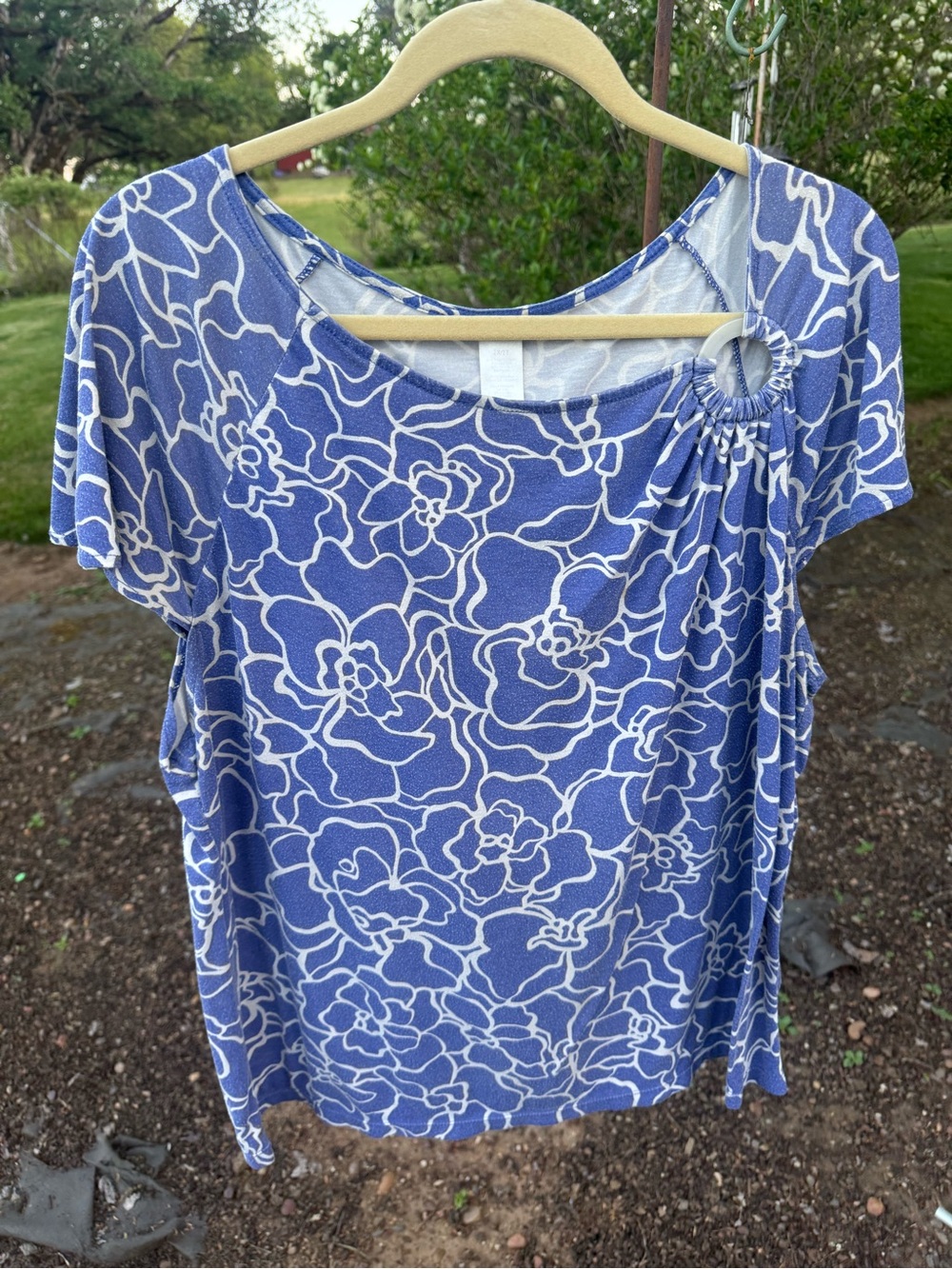 Women's Blue Floral Short Sleeve Top with Shoulder Ring Detail